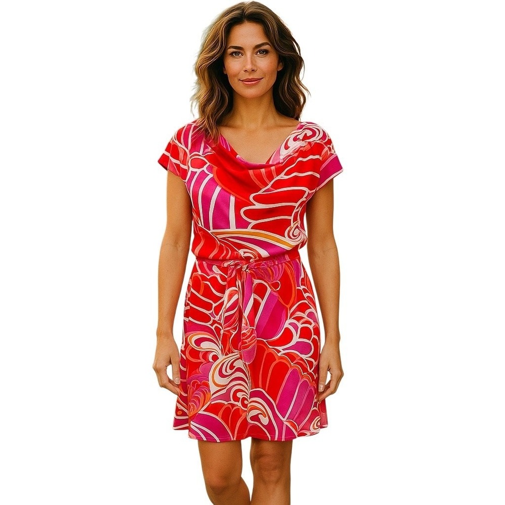 Natori Tie Waist Cowlneck Cap Sleeve Abstract Seashell Mini Dress - S